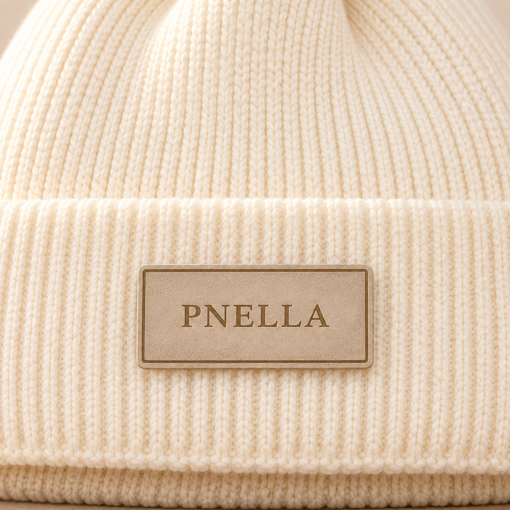 Close-up of PNELLA badge and cream rib-knit folded cuff