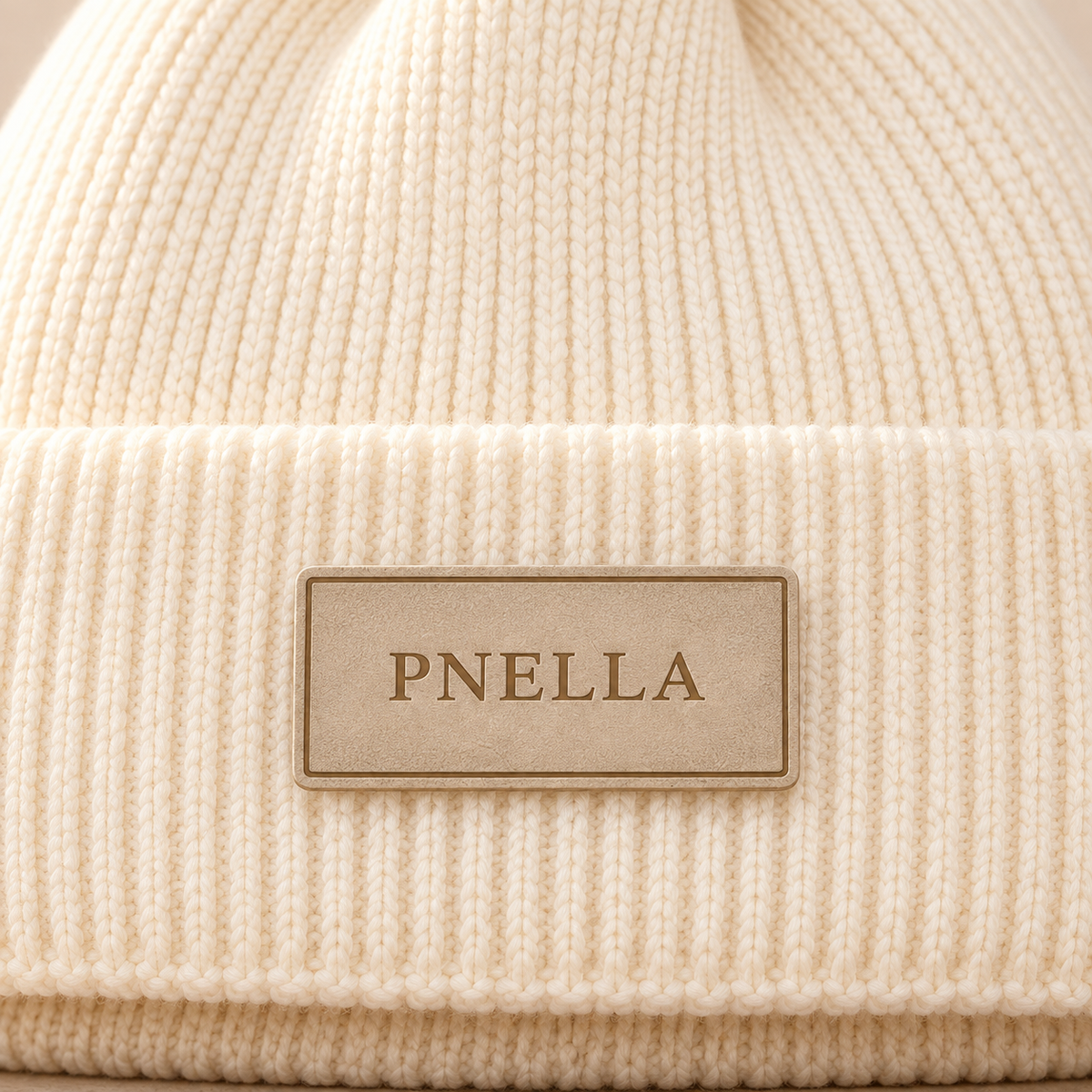 Close-up of PNELLA badge and cream rib-knit folded cuff
