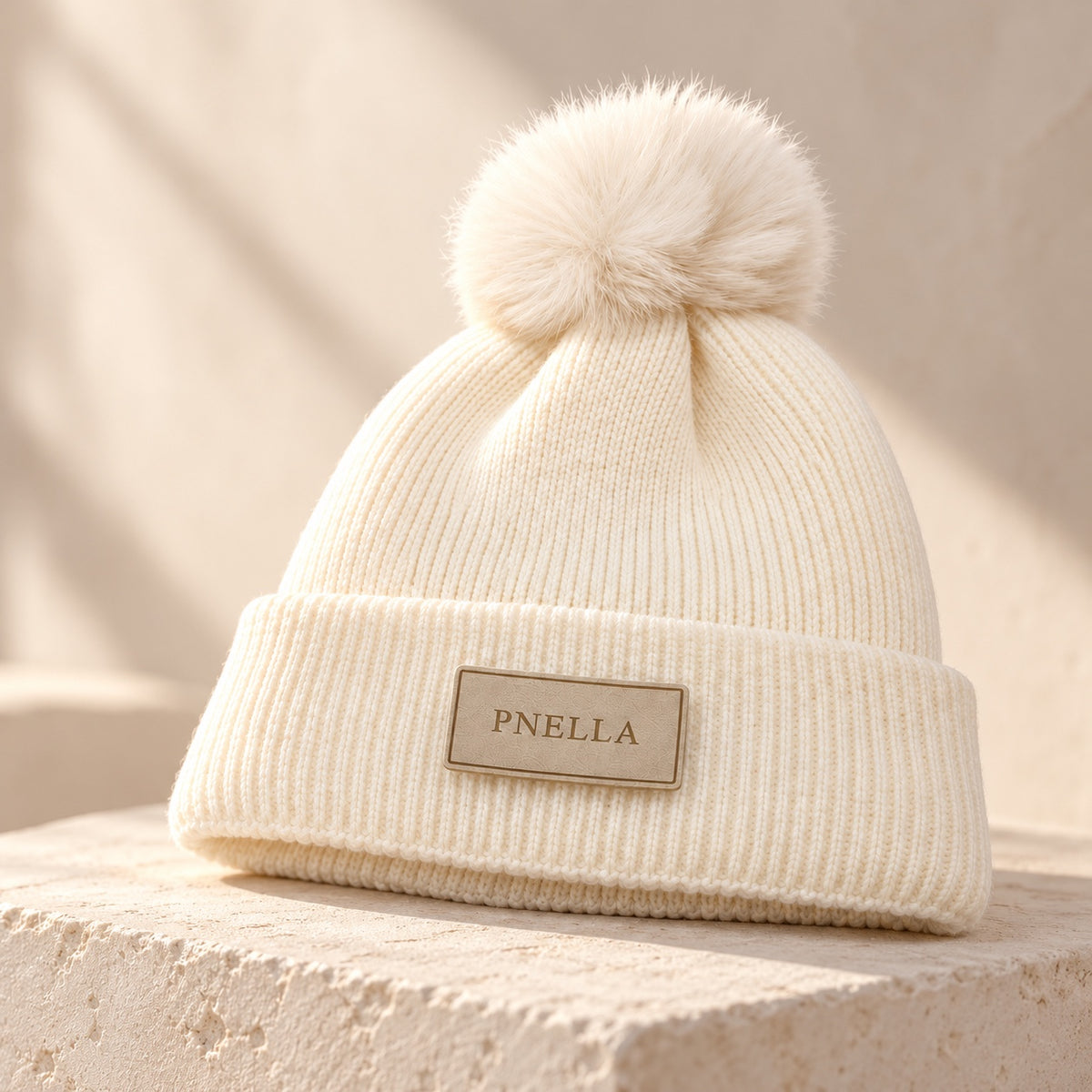 PNELLA cream pom-pom beanie styled on a stone plinth
