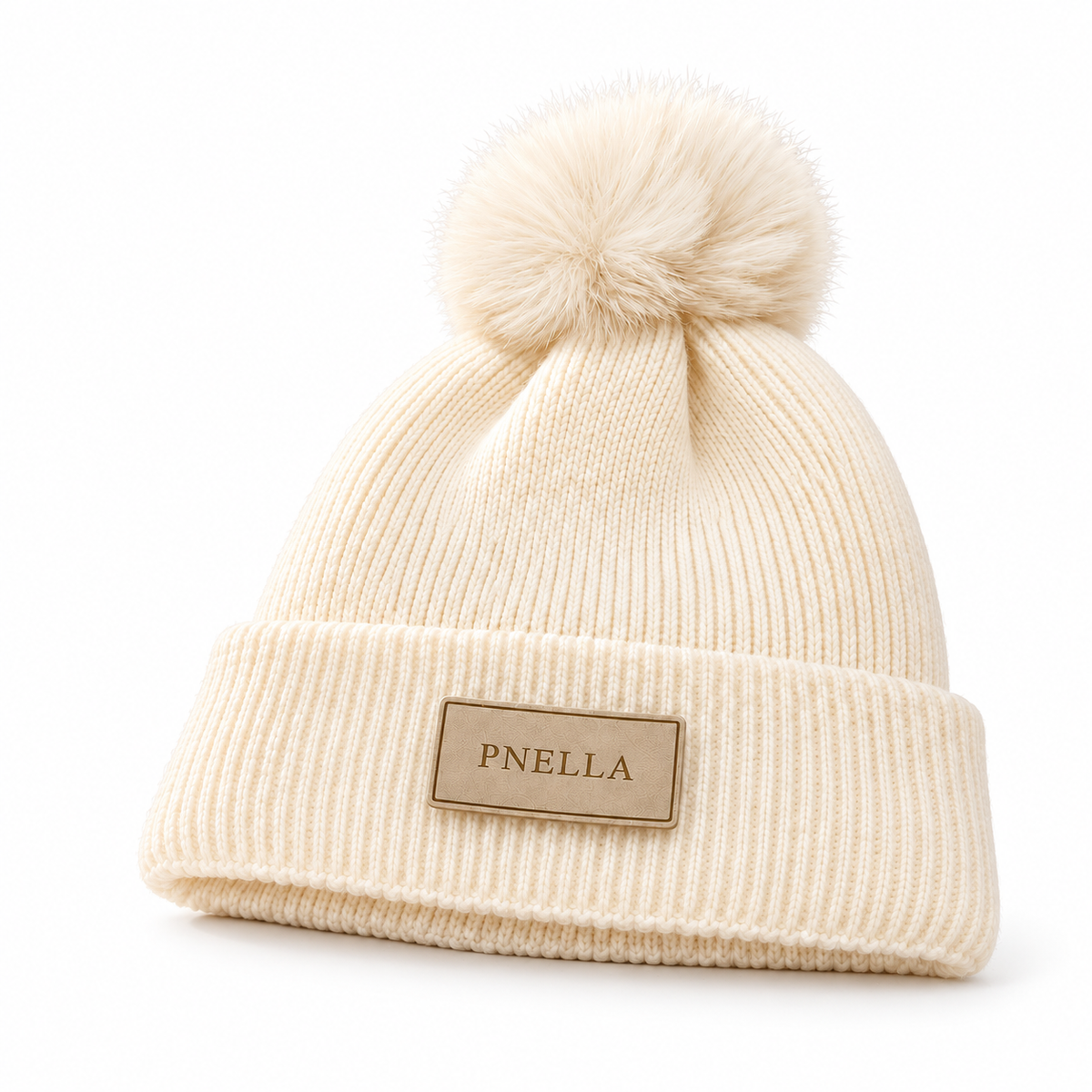 PNELLA cream rib-knit pom-pom beanie on a white background